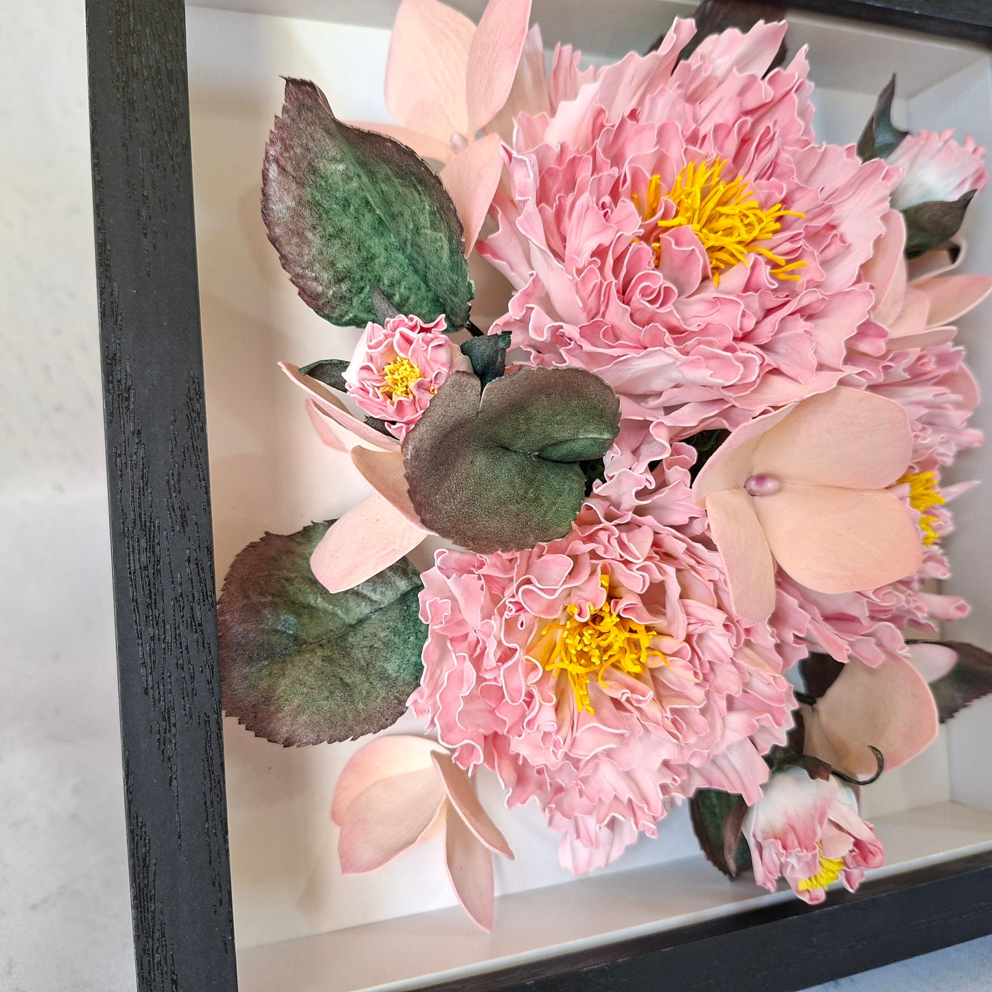 Handmade blush pink peony Foamiran flower table frame floral tabletop decor