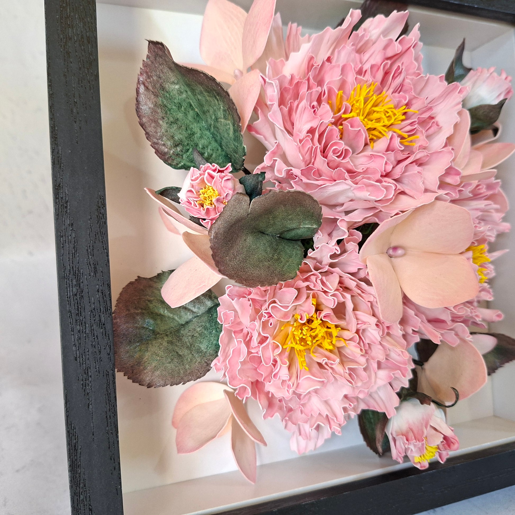 Handmade blush pink peony Foamiran flower table frame floral tabletop decor