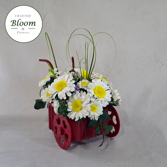 handmade daisy flower with 3D printed heart cart, perfect for gifts, birthdays, housewarmings, and home decor