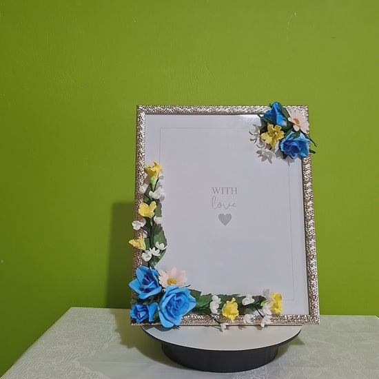 Handmade floral picture frame with blue and yellow flowers for home decoration, gift and memory photos