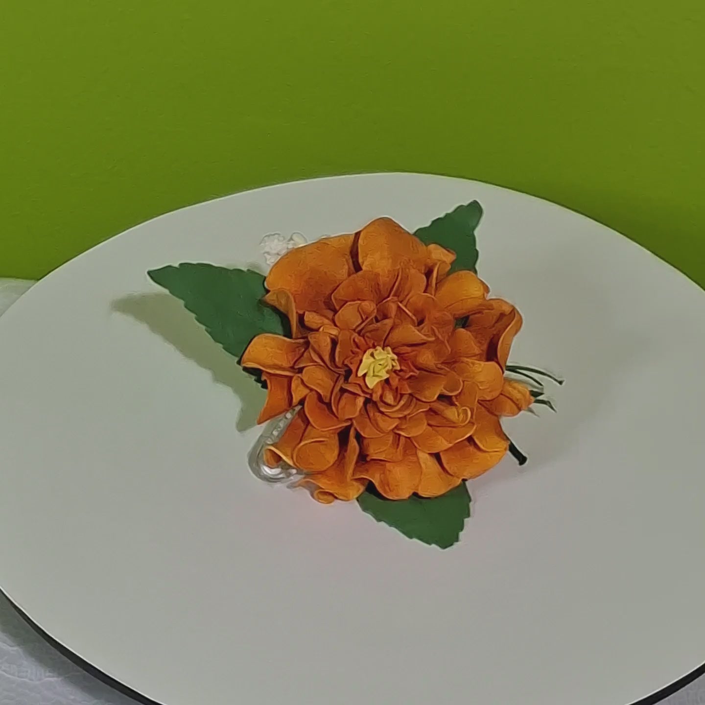 handmade dahlia foamiran hair clip with green laves and secure metal clip elegant floral hair accessory for women and girls