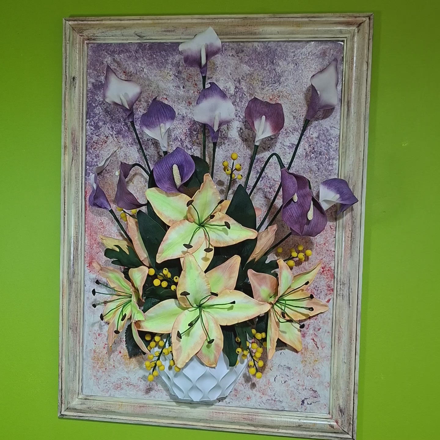 Elegant Lilies floral arrangement in vintage frame- elegant handmade wall decor