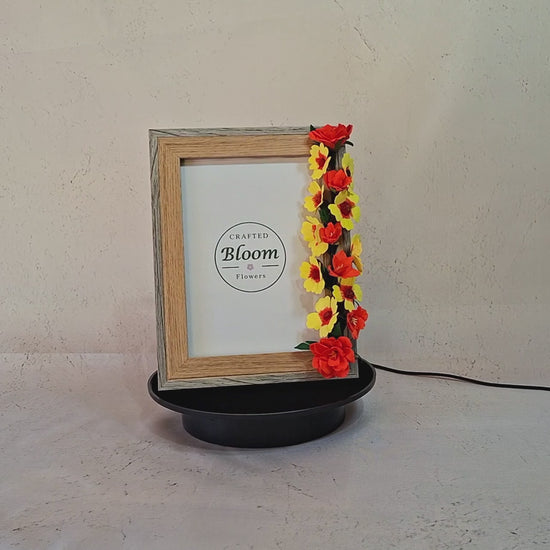 Handmade yellow and red foamiran flower photo frame with natural wood finish decorative tabletop frame by Crafted Bloom Flowers
