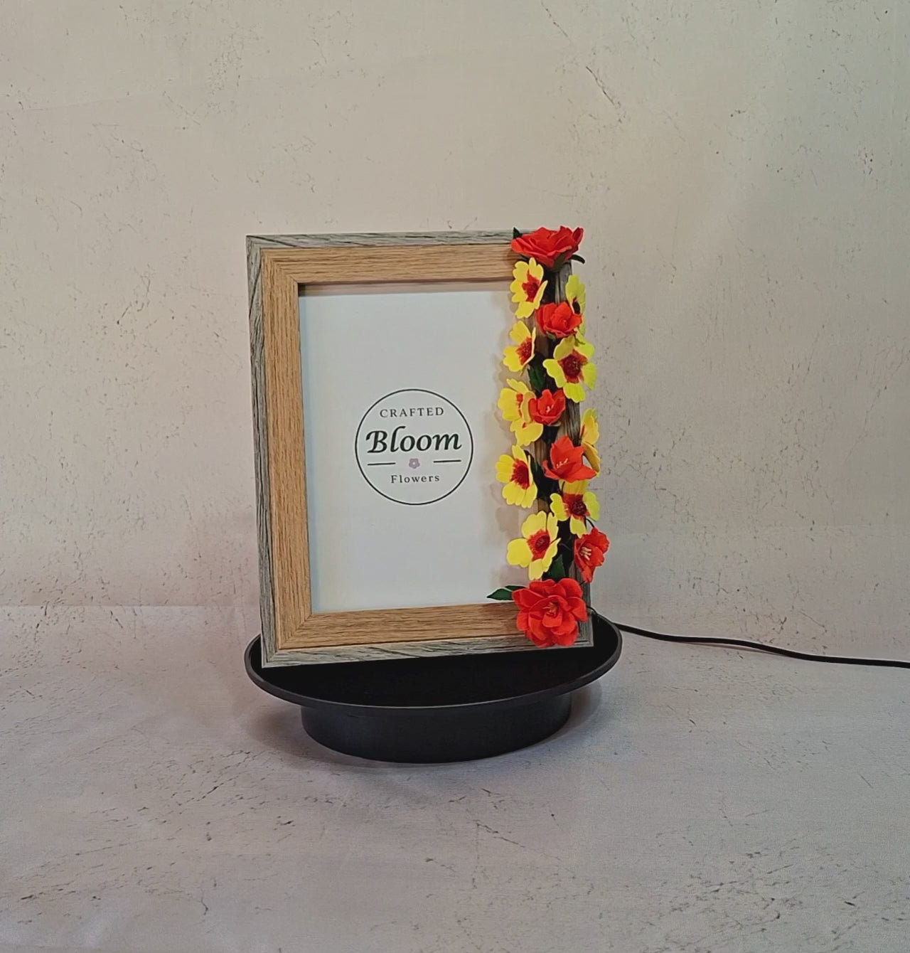 Handmade yellow and red foamiran flower photo frame with natural wood finish decorative tabletop frame by Crafted Bloom Flowers