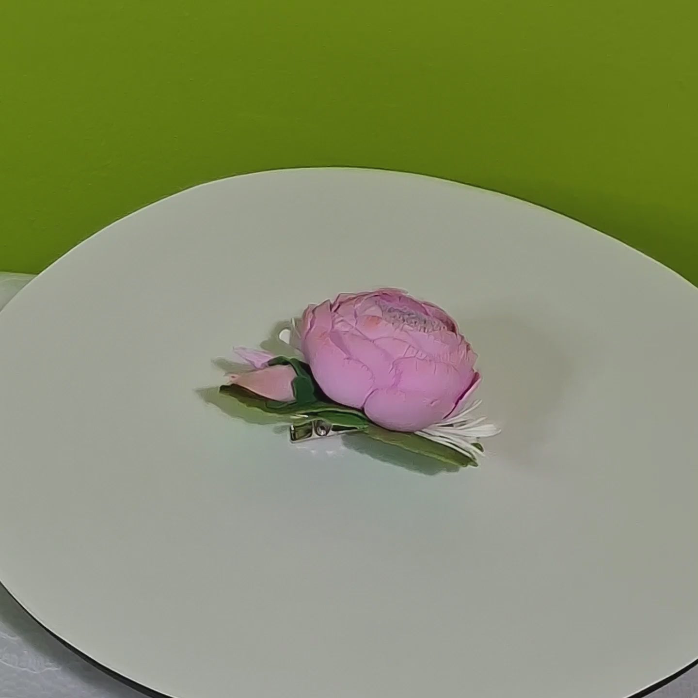 handmade pink peony foamiran hair clip with green leaves and secure metal clip elegant floral hair accessory for women and girls