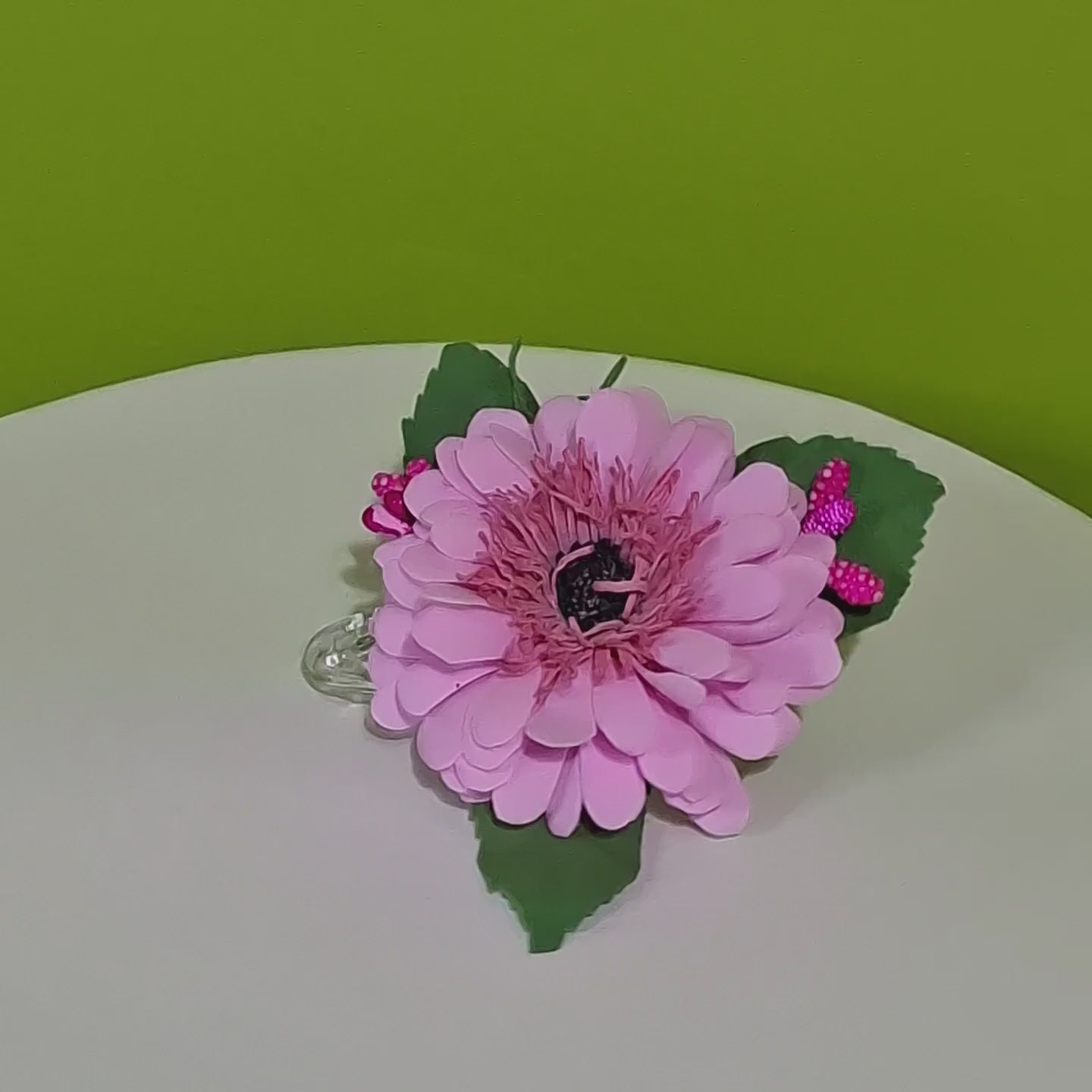 handmade pink daisy foamiran hair clip with green leaves and secure metal clip elegant floral hair accessory for women and girls