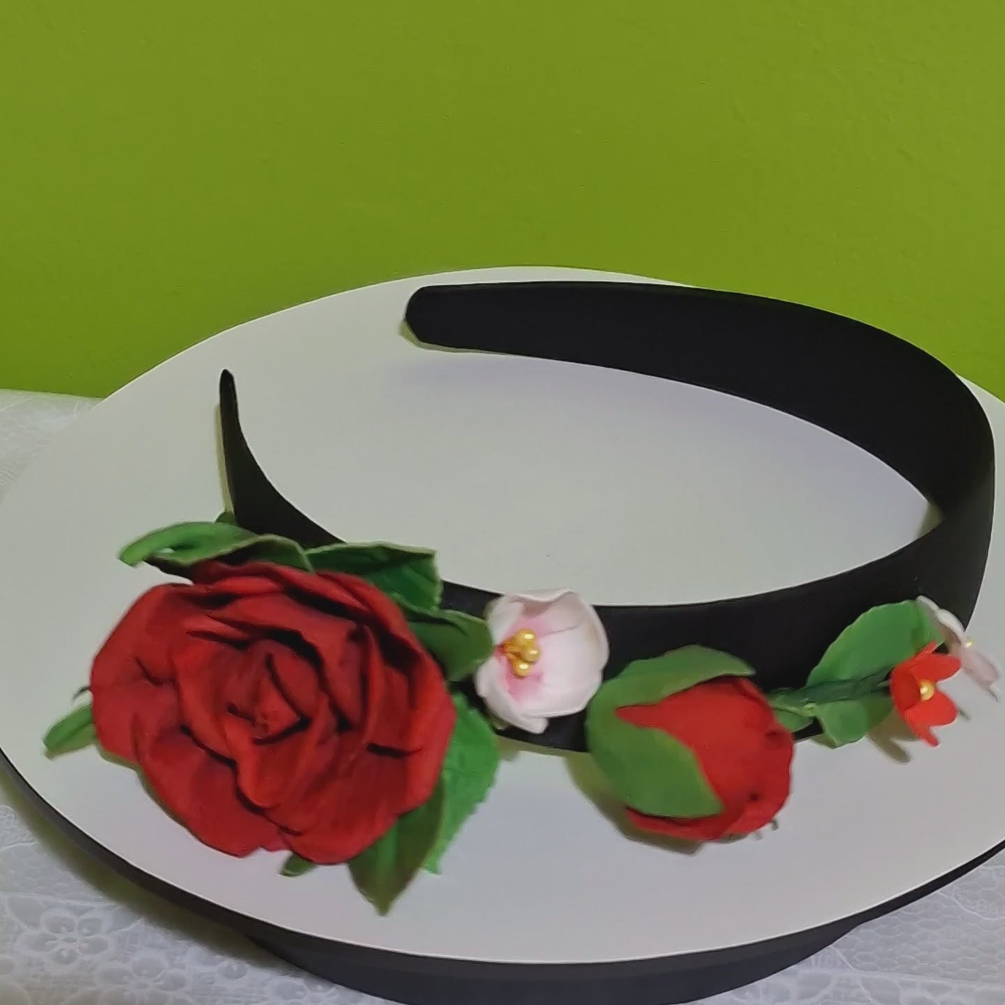 floral headband with red roses and small handmade flowers