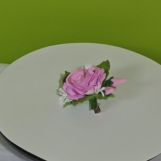 handmade pink rose foamiran hair clip with green leaves and secure metal clip elegant floral hair accessory for women and girls