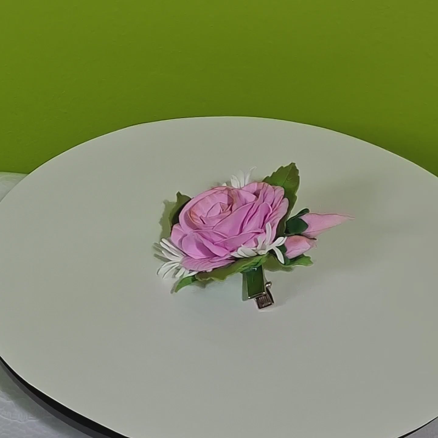 handmade pink rose foamiran hair clip with green leaves and secure metal clip elegant floral hair accessory for women and girls