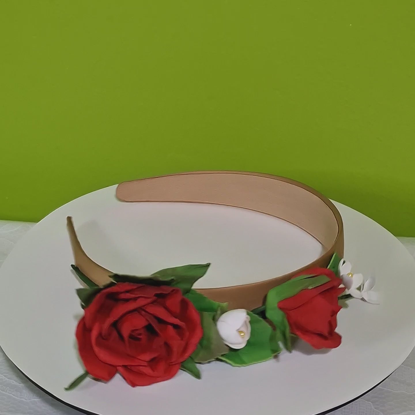 romantic rose floral headband with green leaves