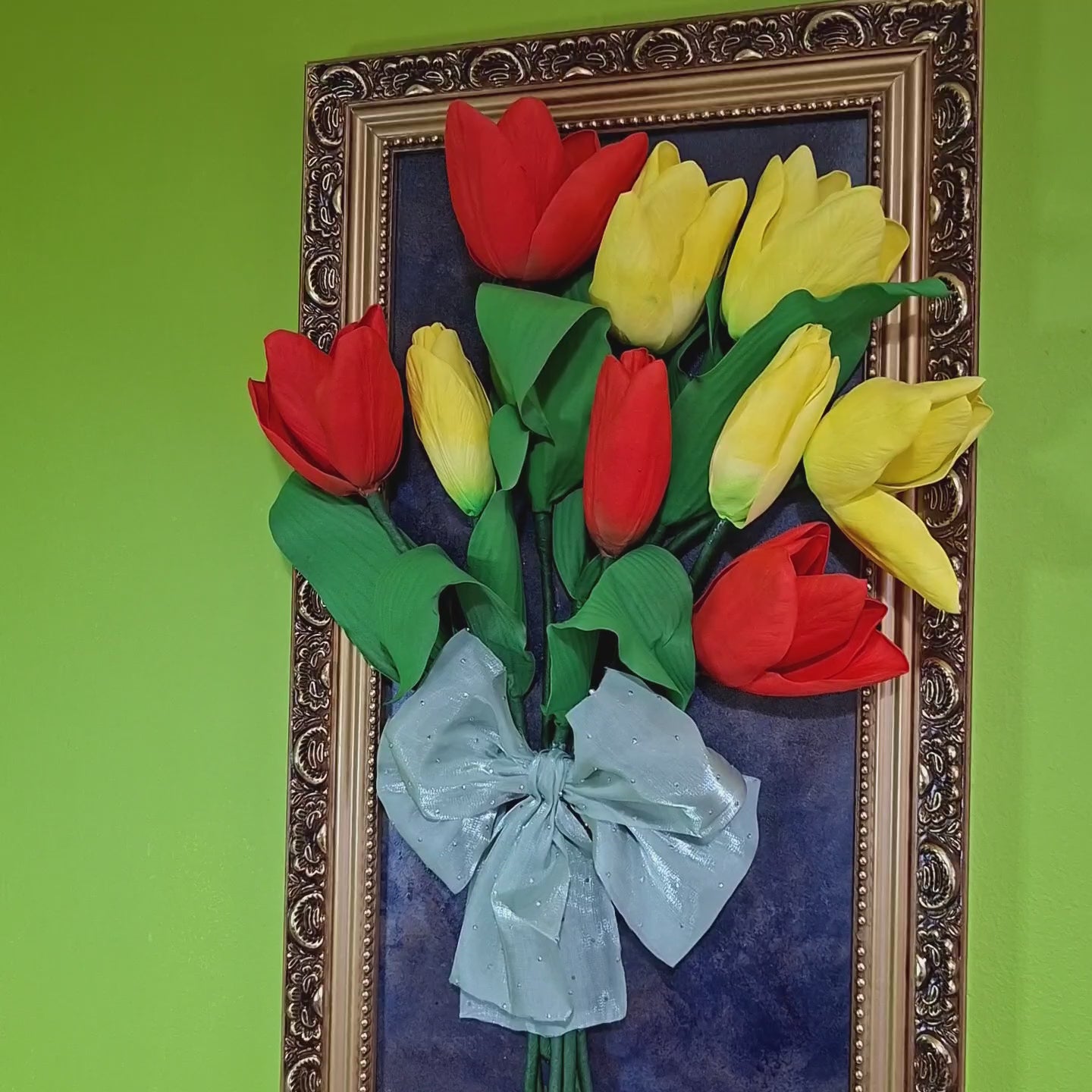 Handcrafted tulips floral frame with vintage gold border- botanical wall art