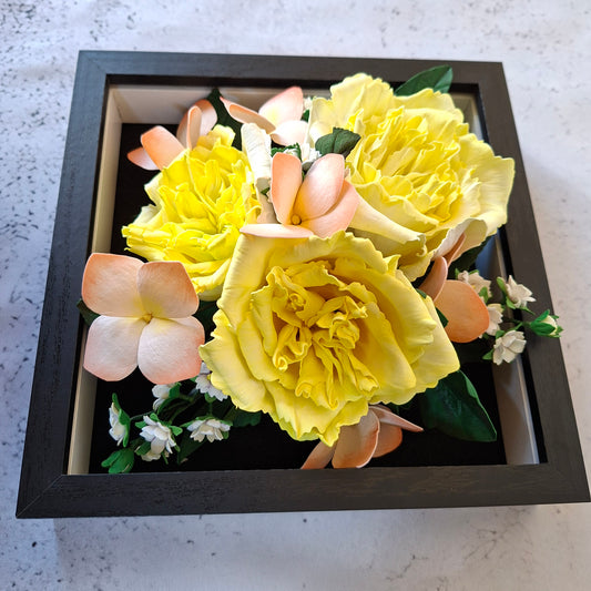 Handmade yellow Austin Foamiran flower table frame botanical decor